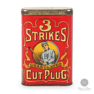 Rare 3 Strikes Cut Plug Pocket Tobacco Tin