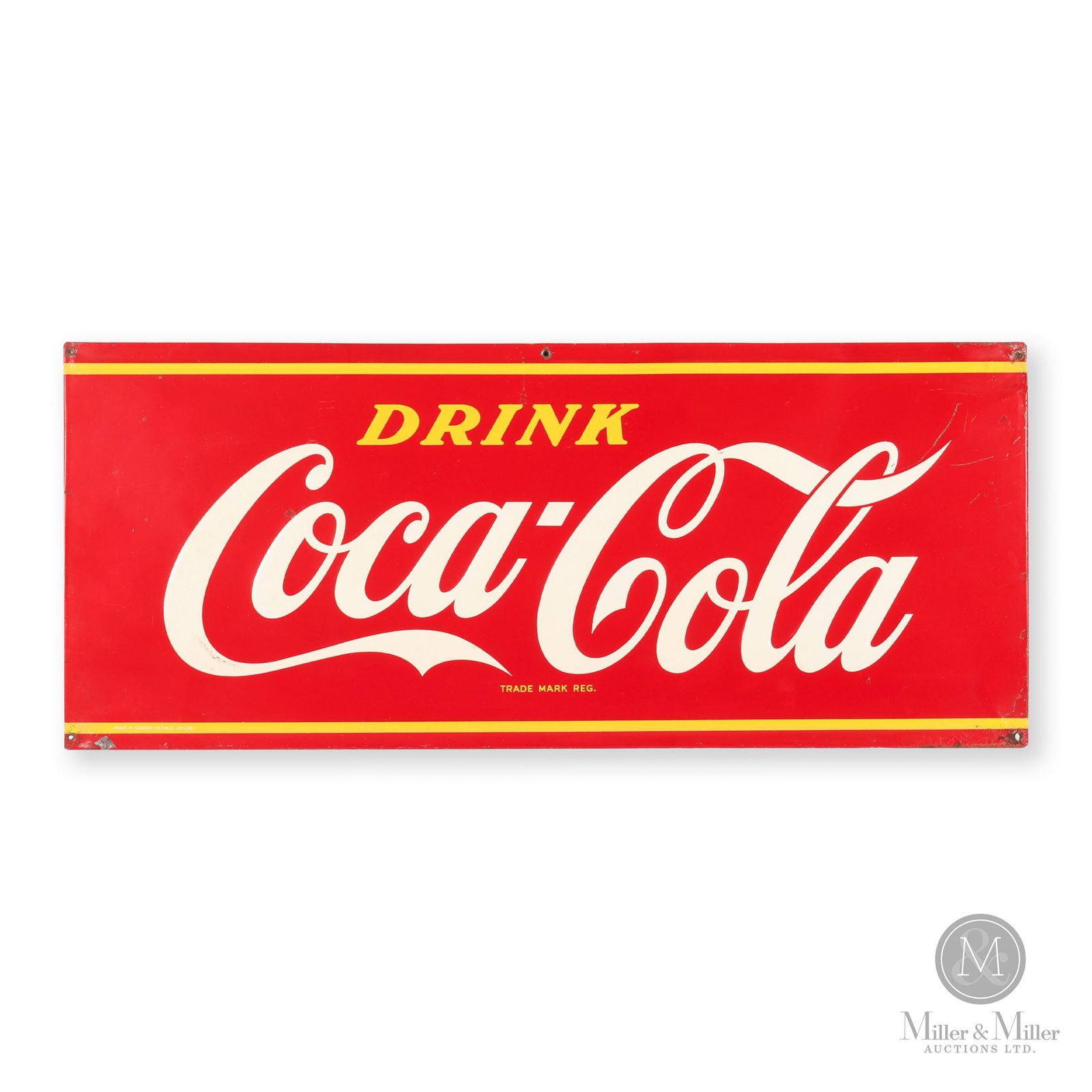 Coca-Cola Door Kick Sign: Canadian. 1940s. Embossed single-sided tin (SST). Marked, "Made in Canada - S.T.M.S. 60-001", lower left. 12.25" x 29.25". Authenticated by The Authentication Company (TAC #400928). All items are guar