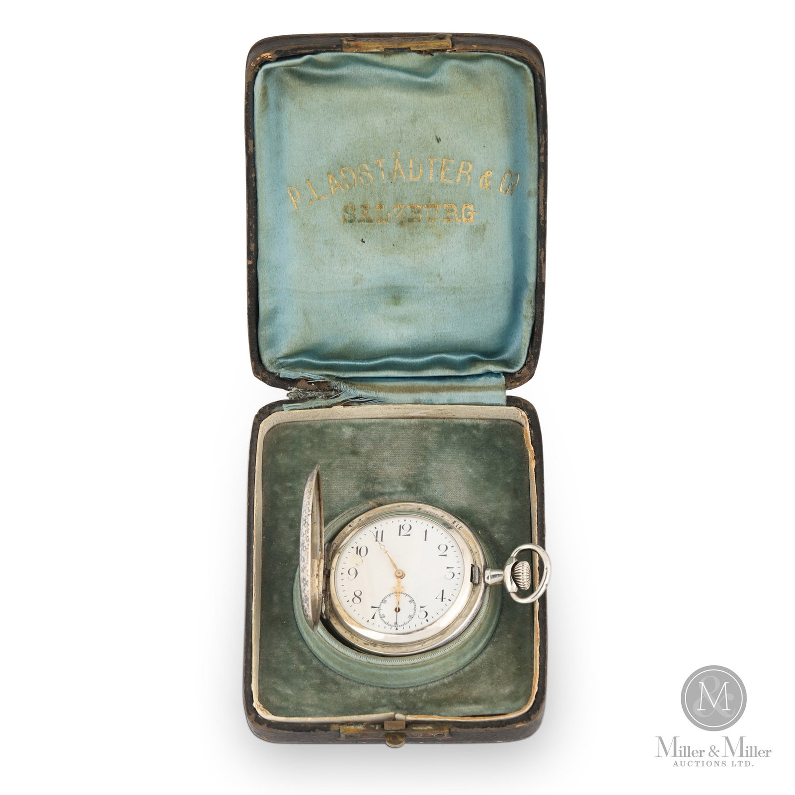 Boxed Remontoir Ancre Pocket Watch With Niello Decorated Case: Swiss. Circa 1900. Front cover shows a monogram of "H. S." within a central cartouche. The watch was found to be running at the time of cataloguing. It has not been tested for timekeeping accuracy and
