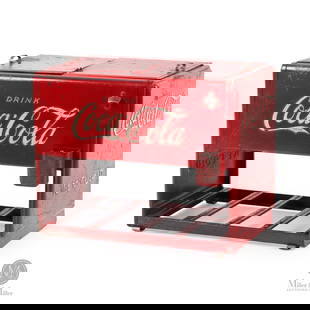 Coca-Cola Salesman Sample Ice Chest Cooler by "Kay Displays": American. 1939. Painted steel (PS). The Coca-Cola Salesman Sample Ice Chest Cooler, produced by Kay Displays in 1939, is a miniature replica of the full-sized Westinghouse Master Ice Cooler. Designed