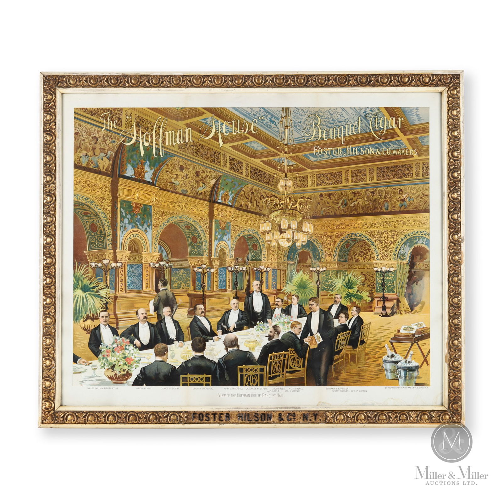 Foster Hilson & Co. Hoffman House Bouquet Cigar Lithograph: American. 1900s. Lithographed paper under glass in gilt plaster marked frame. Foster, Hilson & Co. were the manufacturers of The Hoffman House Bouquet Cigar. Hoffman House cigars are named after Edwar