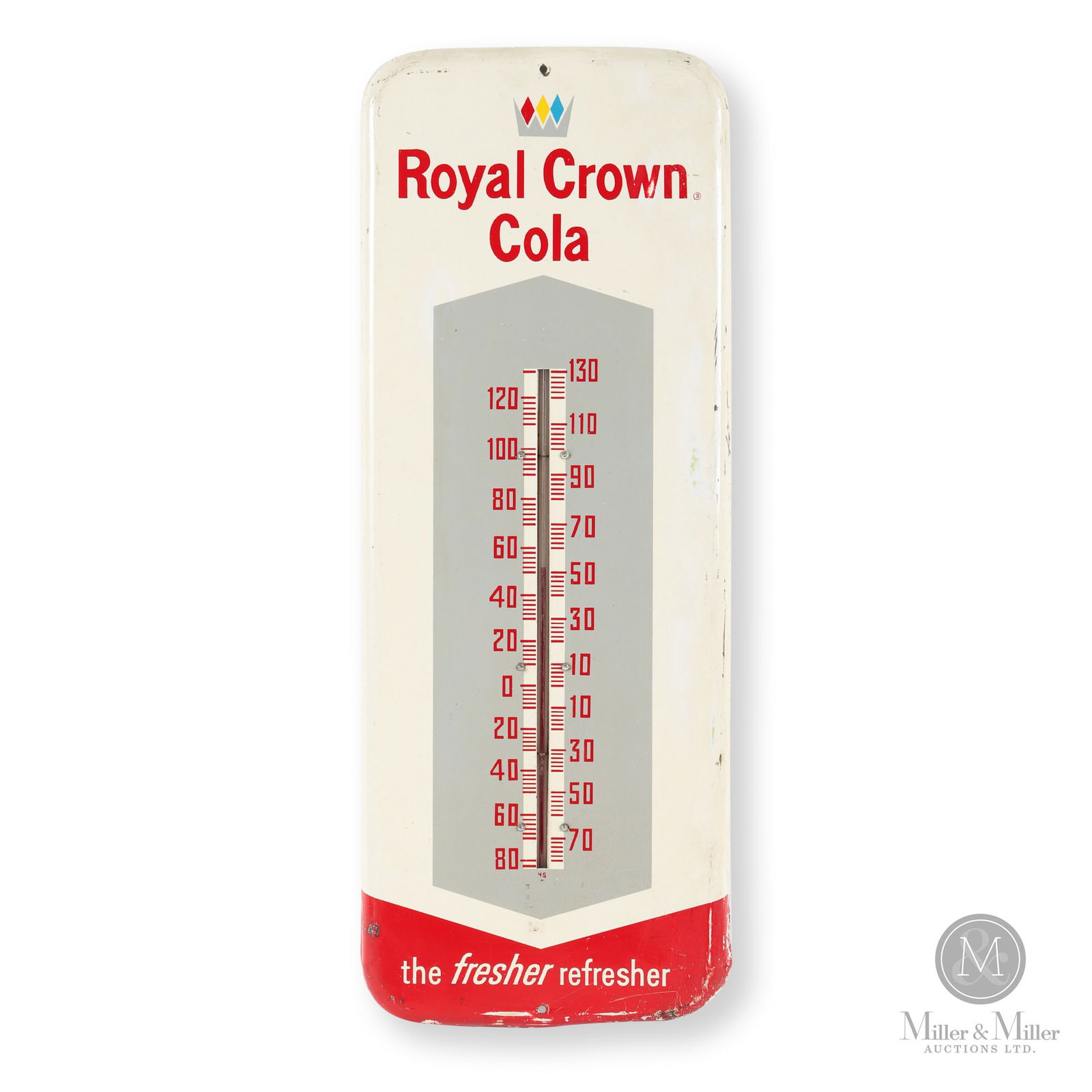 Royal Crown RC Cola Thermometer: American. 1964. Single-sided tin (SST). Royal Crown Cola (RC Cola) was founded in 1905 in Columbus, Georgia, by pharmacist Claud A. Hatcher. Originally named Chero-Cola, it was created as a competitor