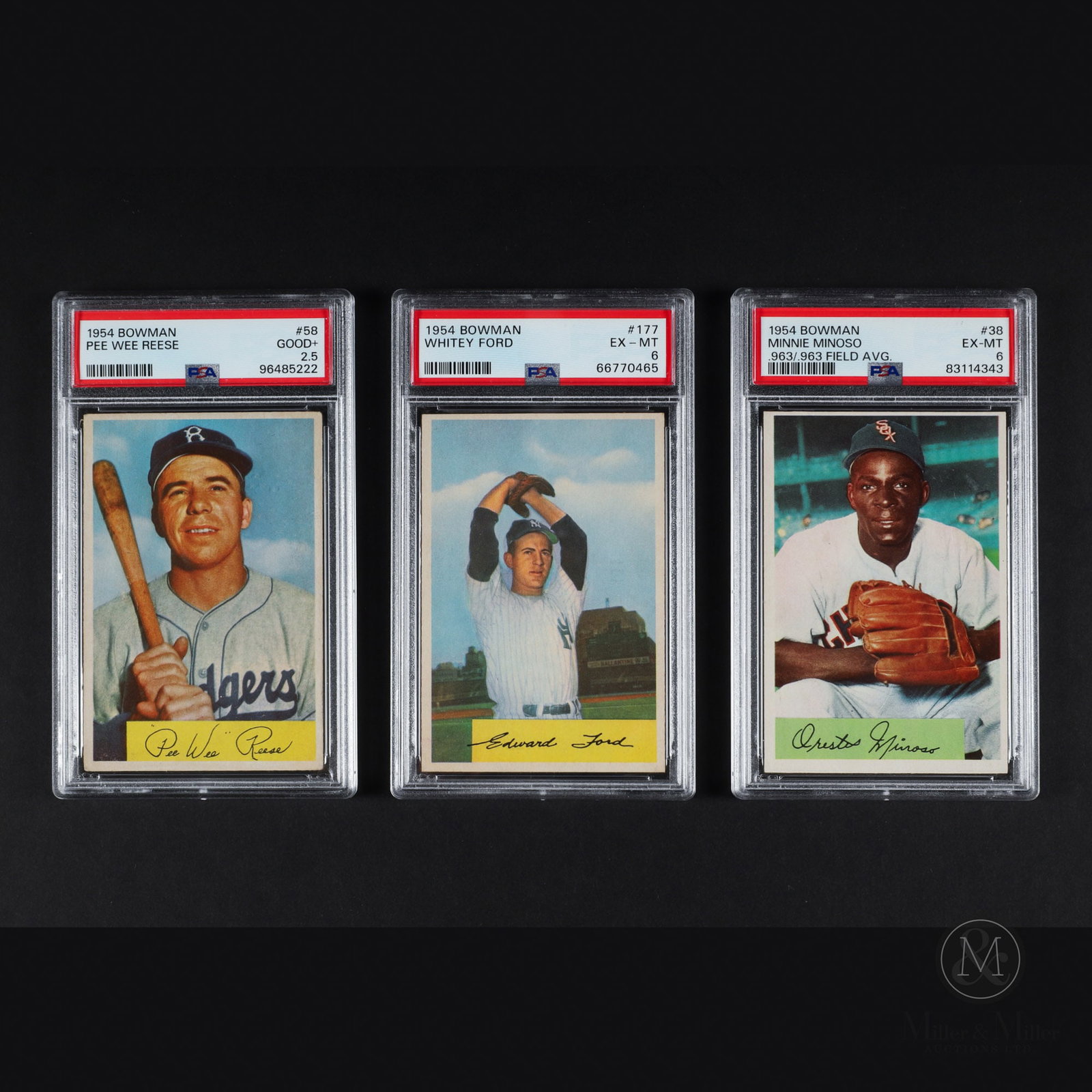 1954 Bowman Minoso #38, Ford #177 and Reese #58 (PSA 6, 6, 2.5): Three (3). 1954. The trio of 1954 Bowman baseball cards offered here feature three Hall of Fame inductees and All-Star talents of the 1950s. Minnie Miñoso was a trailblazing Cuban outfielder know