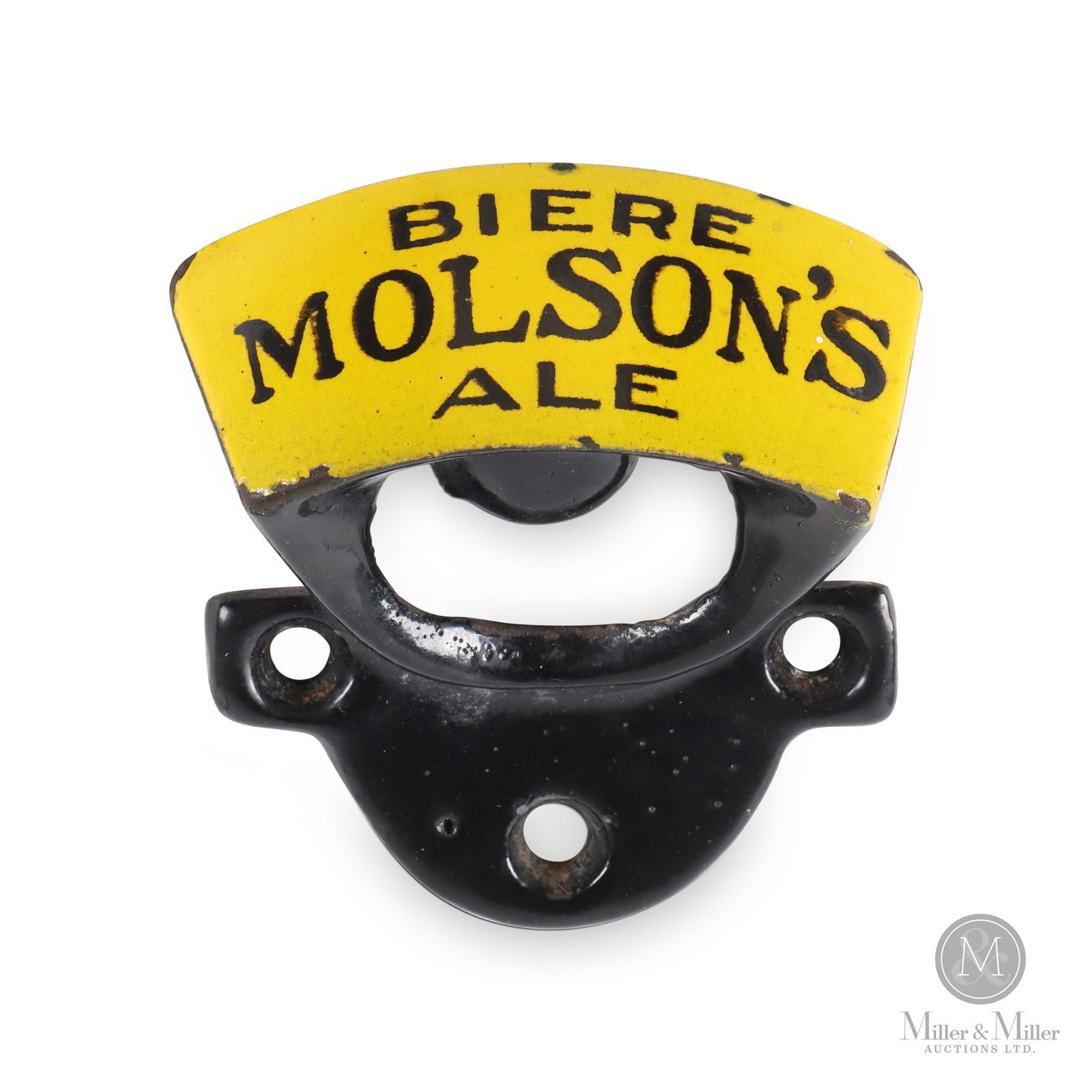 Molson’s Ale Porcelain Bottle Opener: Canadian. 1930s. Porcelain coated cast iron. With black letters on a yellow field. From the Don Titherington Collection. Size 1" x 3" x 3.25". Condition Flea bites to edges of porcelain. Cast iron is