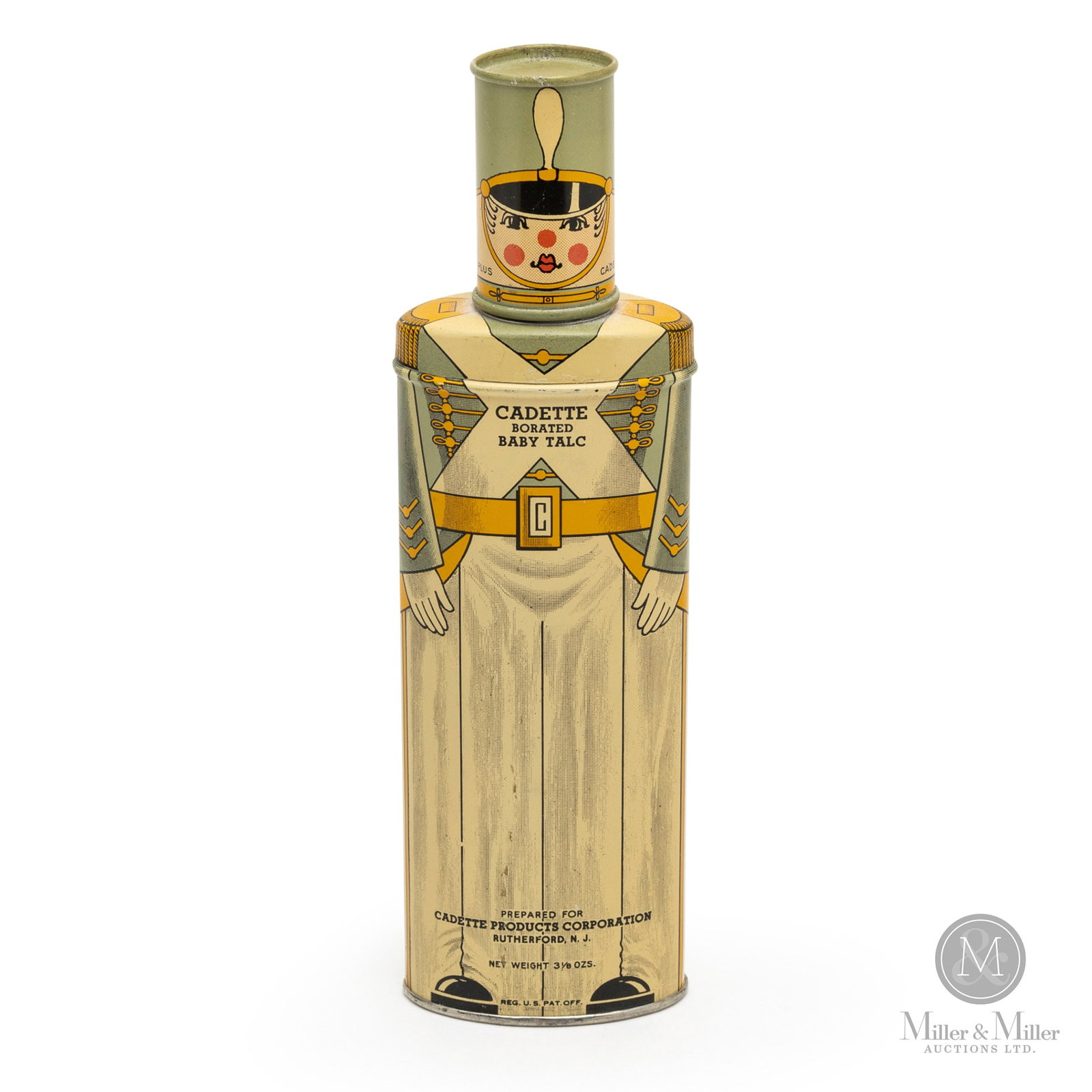 Cadette Baby Talc Figural Tin: American. 1940s. Lithographed tin. In the shape of a guard. Marked, "Quality Plus A Fascinating 'Toy' Container Made in U.S.A.", lower edge. Stamped, "Container Made in U.S.A.", underneath. From the D