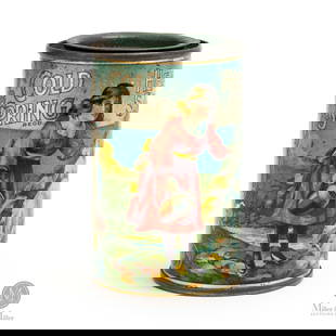 Cold Spring Health Salt Tin: Canadian. 1910s. Lithographed tin. Features a pretty girl at a spring (implying purity of product). Marked, "Regd No. 6116 The Proprietary And Pat. Med. Act Canada Copyright", front lower edge. From t