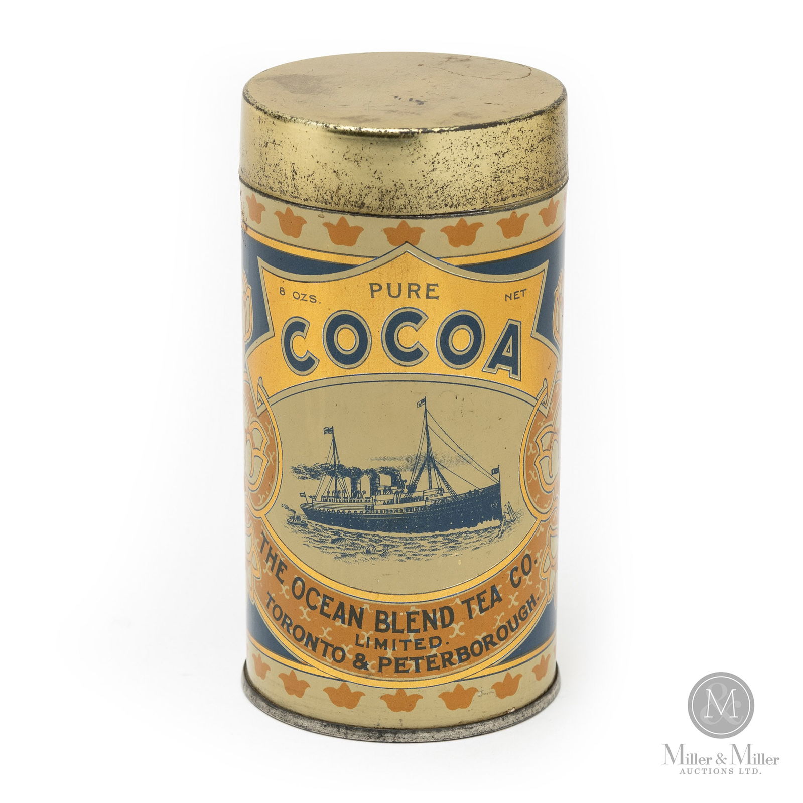 Ocean Blend Tea 8oz. Cocoa Tin: Canadian. 1910s. Lithographed tin. Features a steamship at sail. Lists factories as Toronto and Peterborough Ontario. Marked, "... M.M. Co.", lower edge in gold band next to seam. From the Don Titheri