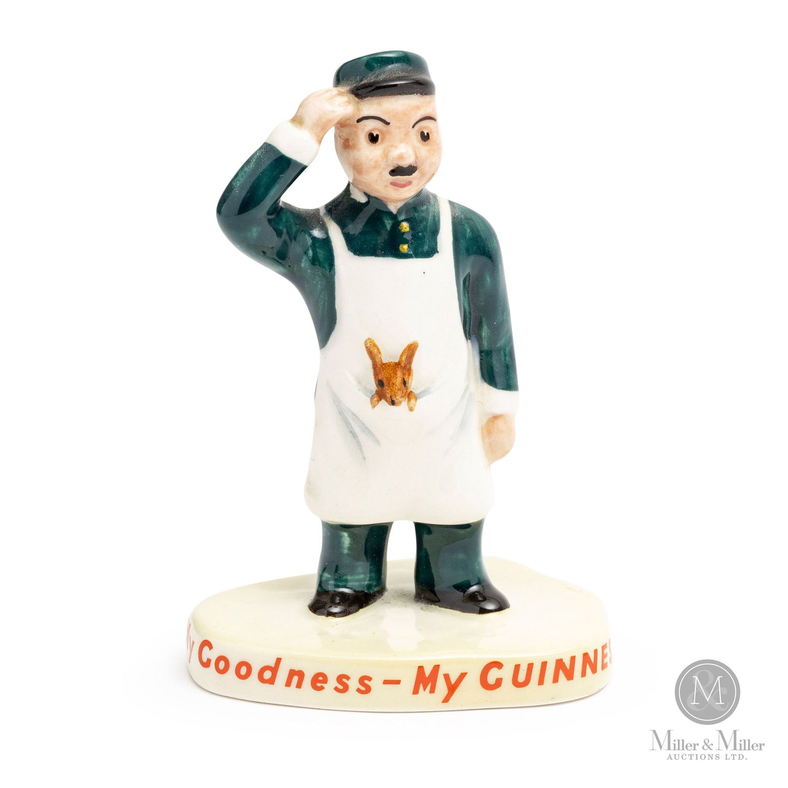 Guinness Beer Carlton Ware Figure: English. 1940s. Ceramic. Featuring a zookeeper and kangaroo with a caption. Marked, "Carlton Ware Handpainted Made in England 'Trade Mark", underneath. From the Don Titherington Collection. Size 4" x
