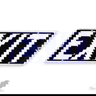 Exit Sign: American. 1920s. Single-sided porcelain (SSP). Shows white letters on a cobalt field. Produced by Baltimore Enamel. Authenticated by The Authentication Company (TAC #500580). From the Don Titherington