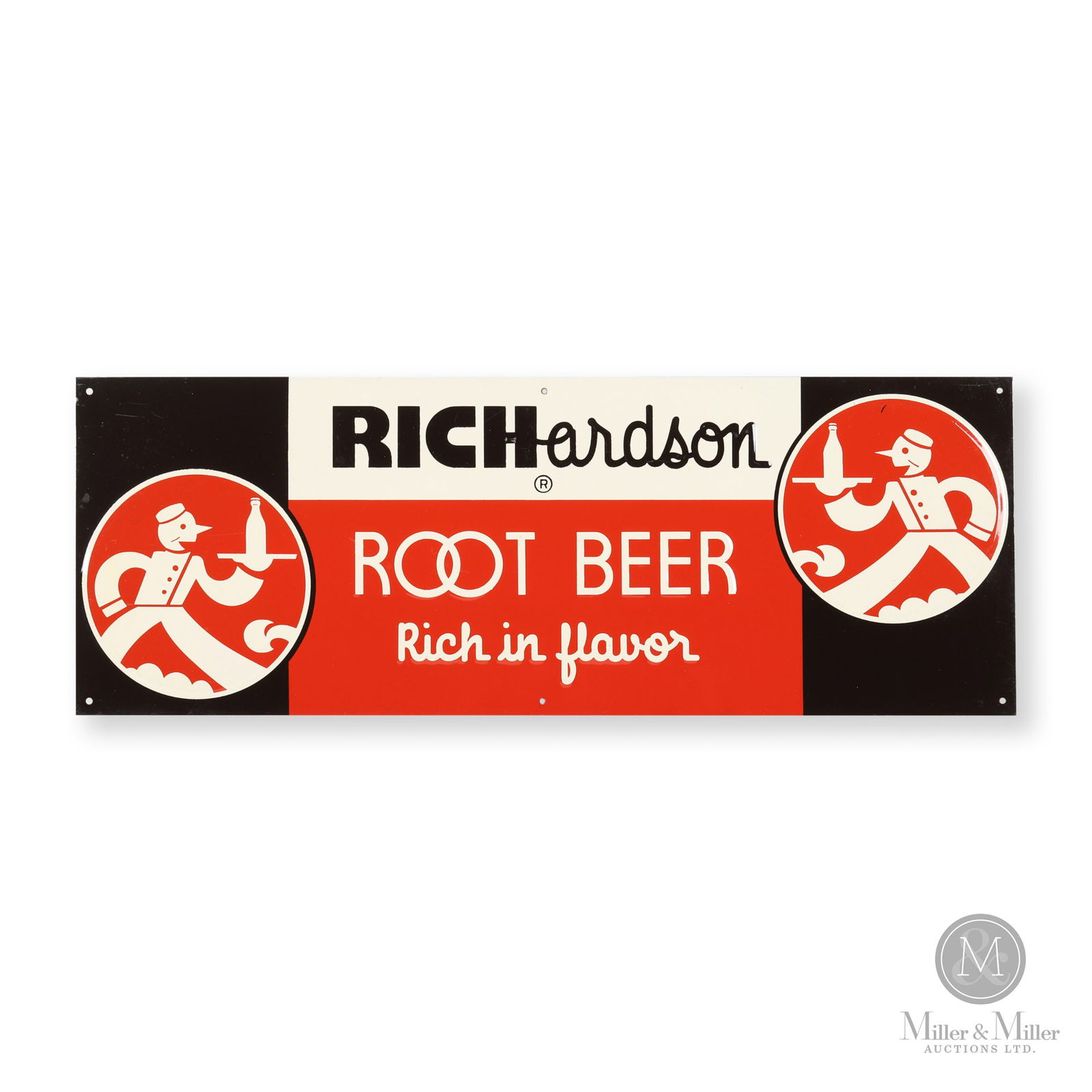 Richardson Root Beer Sign: American. 1940s. Embossed single-sided tin (ESST). Richardson Root Beer, founded in the 1920s, offered a smooth, creamy flavour that set it apart from spicier competitors. Based in Chicago, Richardson