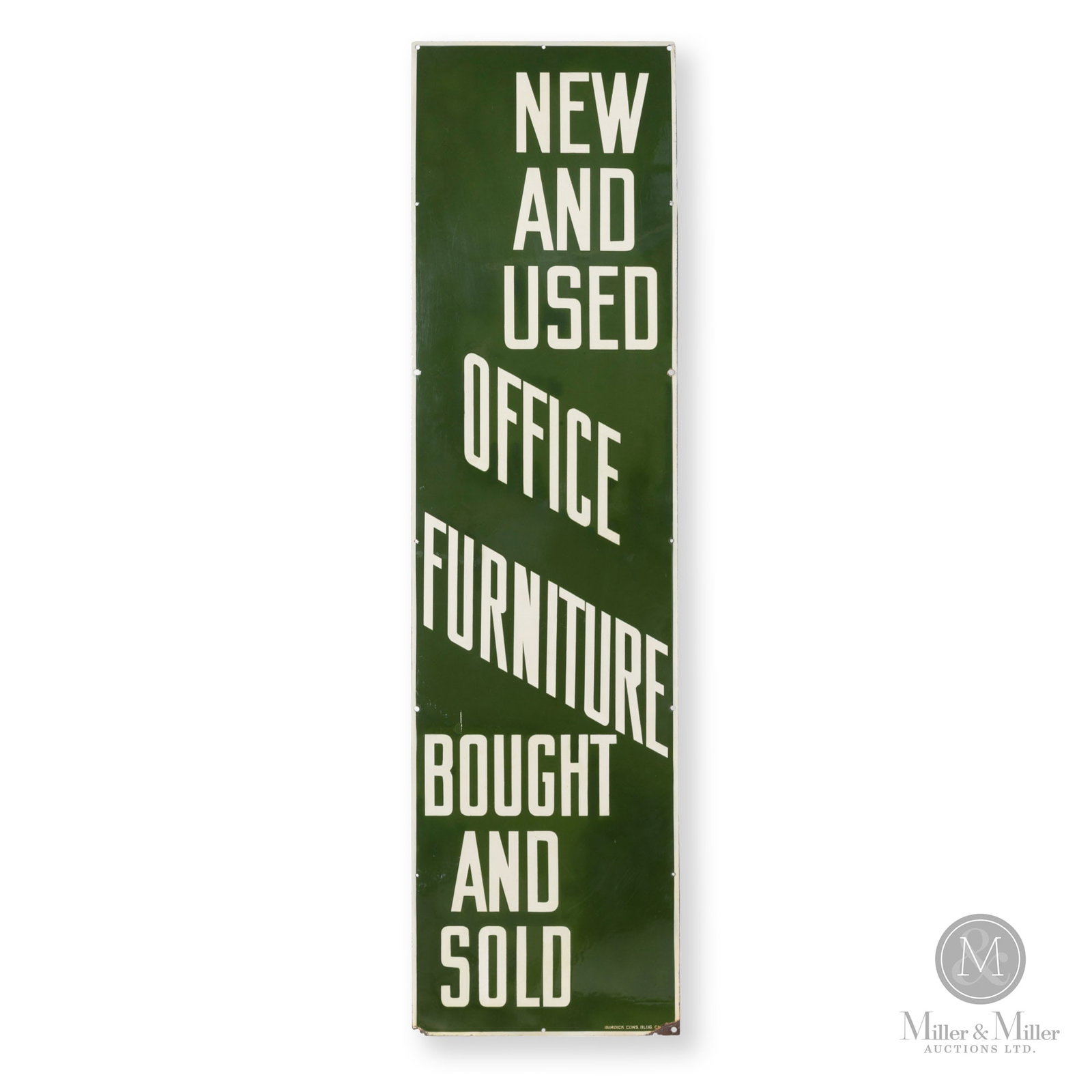 New & Used Office Furniture Store 6' Sign: American. 1940s. Single-sided porcelain (SSP). Marked, "Burdick Cons. Bldg. Chicago", lower right. 72" x 19". Authenticated by The Authentication Company (TAC #401274). From the Don Titherington Colle