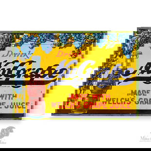 NuGrape Soda "Made With Welch's Grape Juice" Sign: American. 1920s. Embossed single-sided tin (ESST). Features trademark bottle with grapevines. Marked, "Made in U.S.A." & "W.F. Robertson Steel & Iron Co. Springfield, O.", lower right edge. Authentica