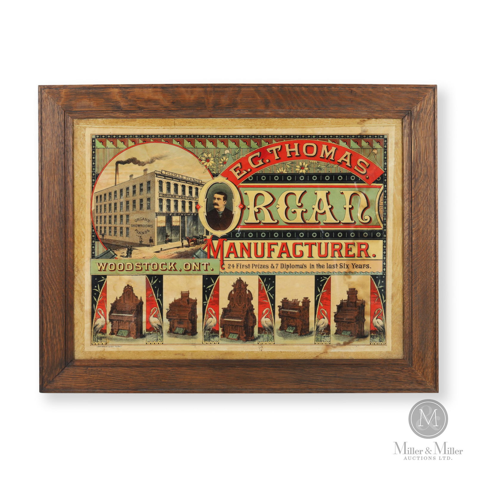 E.G. Thomas Organs Woodstock, Ontario Framed Lithograph: Woodstock, Ontario. 1890s. Lithographed paper under glass (PUG). Founded by Edward G. Thomas in 1875, the E.G. Thomas Organ & Piano Co. quickly became one of Canada’s most respected organ manufa