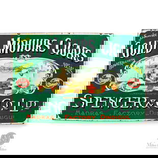 Gold Mohurs Cigars 5' Sign: English. 1920s. Single-sided porcelain (SSP). Features workers and product being made. Spencer & Co. was a British Colonial firm founded in Madras (now Chennai), India, in the mid-19th century. Marked