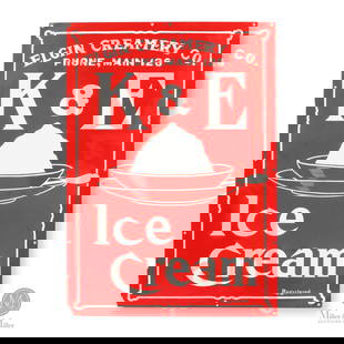 K & E Ice Cream Sign: American. 1920s. Single-sided porcelain (SSP). Shows ice cream set for enjoyment. Marked, "Registered", lower right edge. Authenticated by The Authentication Company (TAC #401117). From the Don Tither