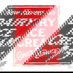 New Haven Ice Cream Sign: American. 1920s. Single-sided porcelain (SSP). Shows ice cream cone. Outmoded price. Marked, "Baltimore Enamel 232 Fifth Ave., N.Y.", lower right edge. Authenticated by The Authentication Company (TAC