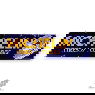 Michelin Tires & Tubes Horizontal Sign: American. 1930s. Single-sided porcelain (SSP). Return edge. Features Bibendum using a Michelin tire as a relaxing "hammock", suggesting the smooth ride of Michelin Tires. Authenticated by The Authenti