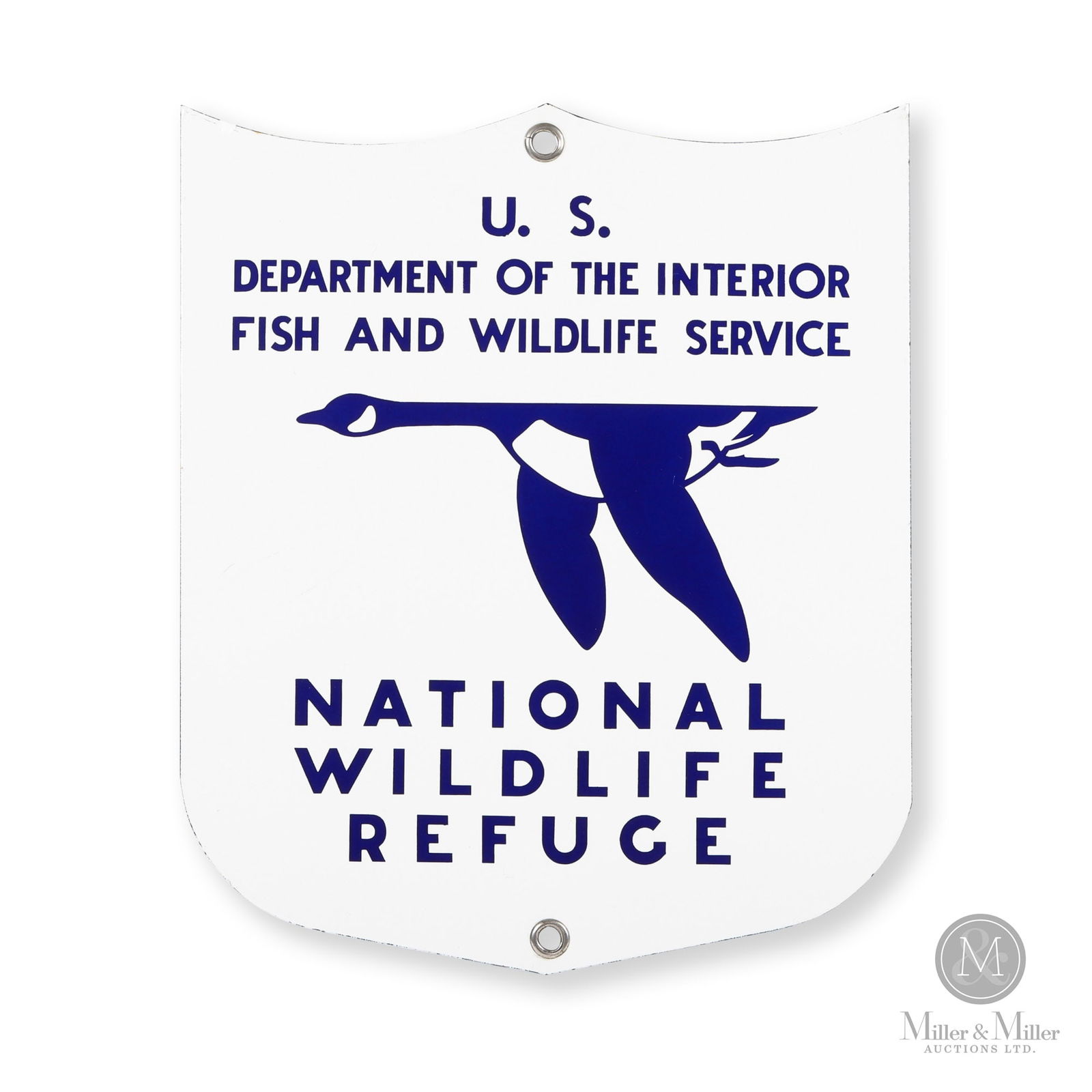 U.S. National Wildlife Refuge Sign: American. 1950s. Single-sided porcelain (SSP). Unmarked. Authenticated by The Authentication Company (TAC #501013). All items are guaranteed authentic by Miller & Miller Auctions. All purchases are el