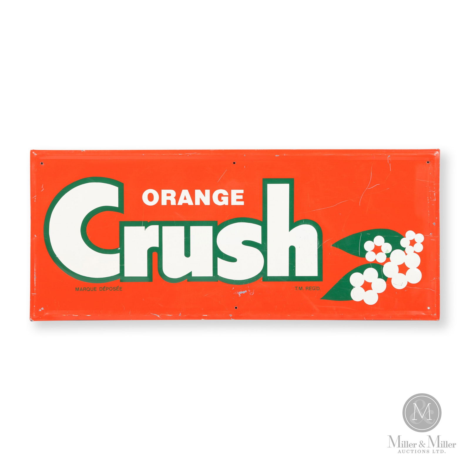 Orange Crush "Orange Blossoms" Sign: Canadian. 1960s. Embossed single-sided tin (ESST). Unmarked. Authenticated by The Authentication Company (TAC #500864). All items are guaranteed authentic by Miller & Miller Auctions. All purchases ar