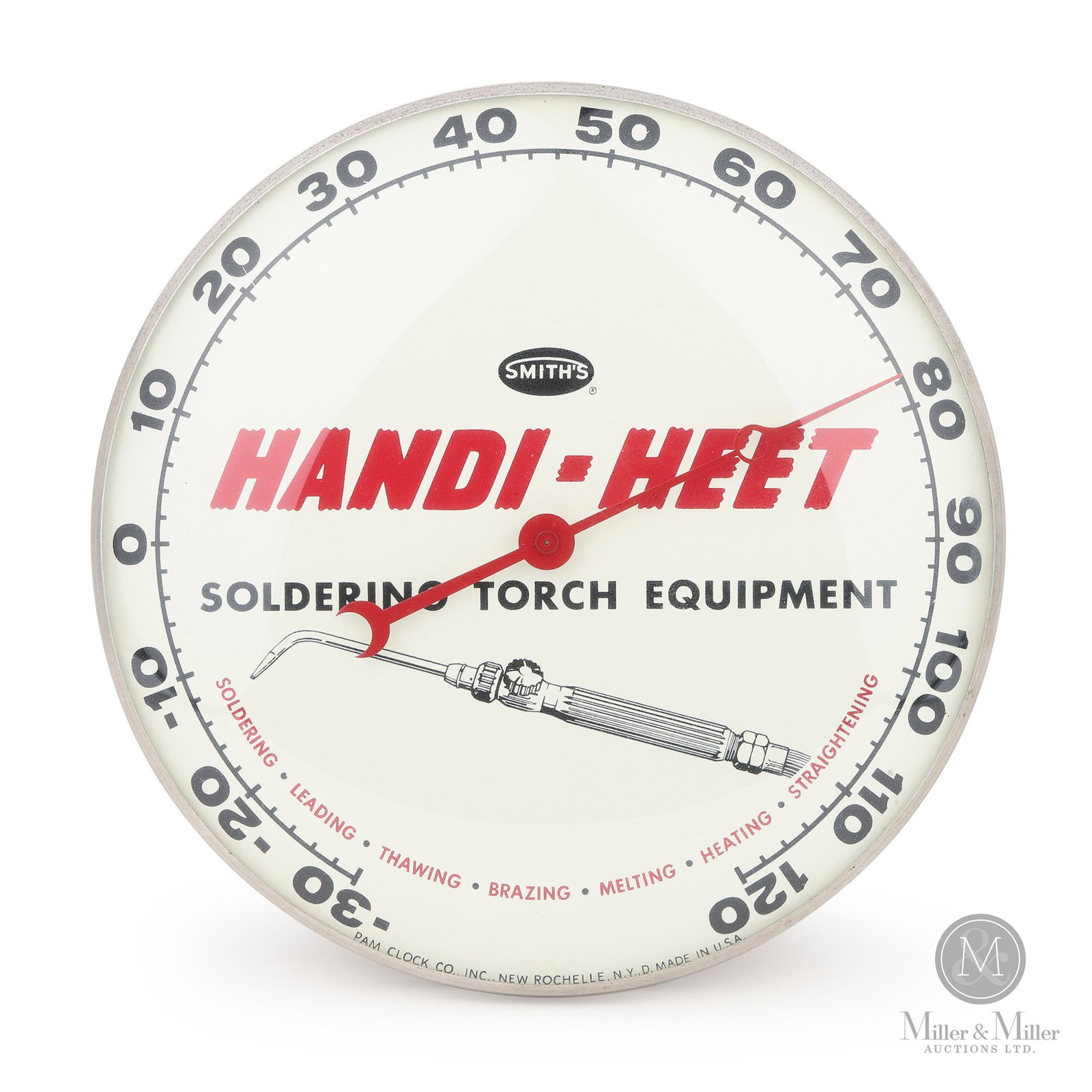 Smith's Handi-Heet Soldering Torch PAM Thermometer: American. 1950s. Single-sided tin (SST) dial. Marked, "PAM Clock Co. Inc., New Rochelle, N.Y., Made in U.S.A" lower dial. All items are guaranteed authentic by Miller & Miller Auctions. All purchases 