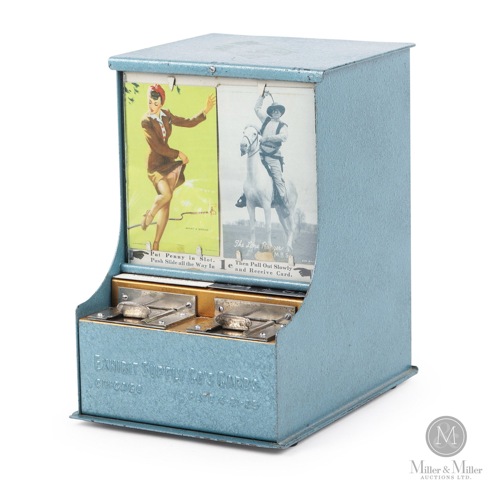 Exhibit Supply Co. 1 Cent Coin Operated Card Dispenser: American. 1930s. Painted metal case with metal and wood components. Embossed, "Exhibit Supply Co's Cards Chicago Pat'd 4-21-25 on front plate. 11.25" x 7" x 9.5". All items are guaranteed authentic by