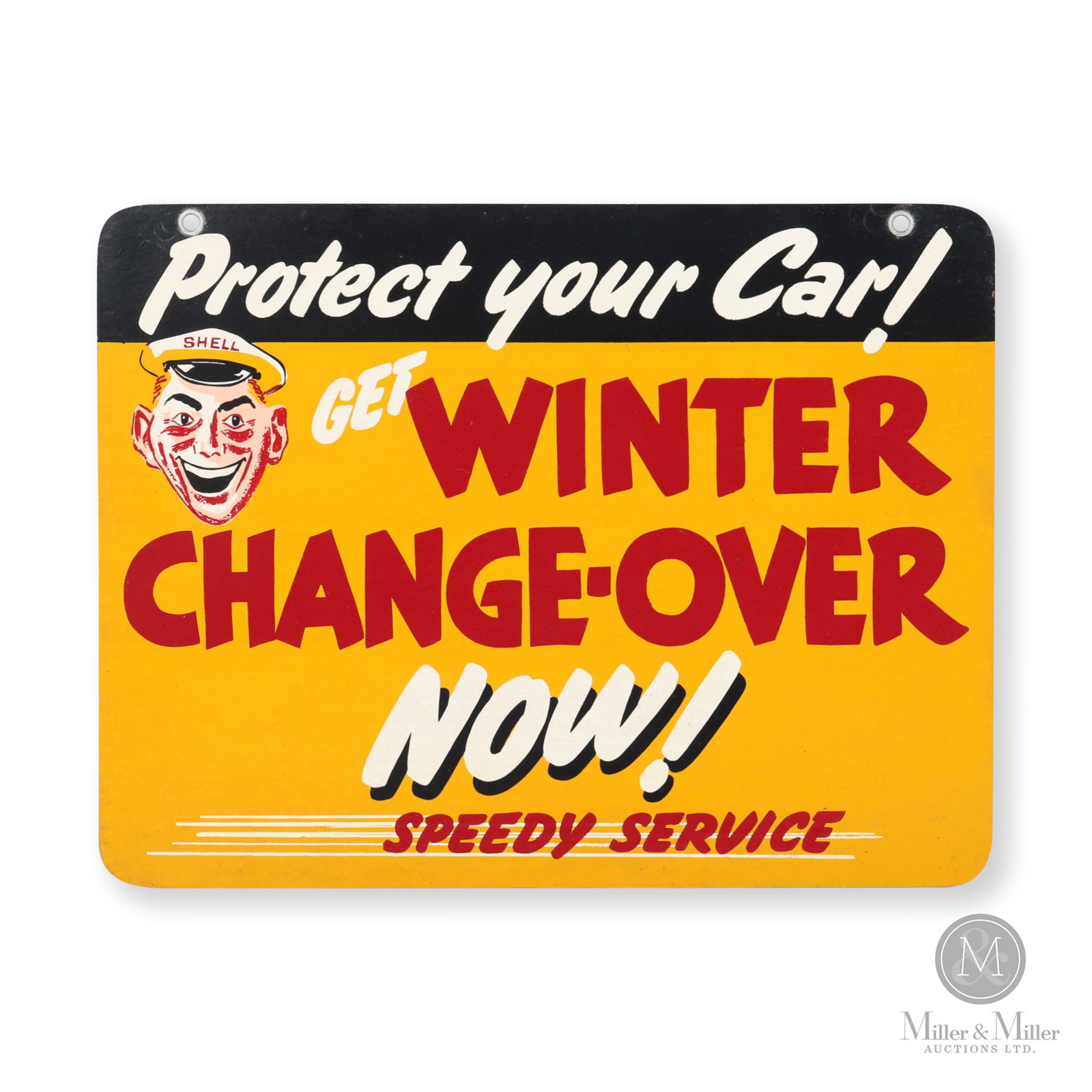 Shell Winter Automobile Change-Over Sign: American. 1940s. Double-sided cardboard (DSCB). Unmarked. 10.75" x 14". All items are guaranteed authentic by Miller & Miller Auctions. All purchases are eligible for free delivery to the AACA Hershey