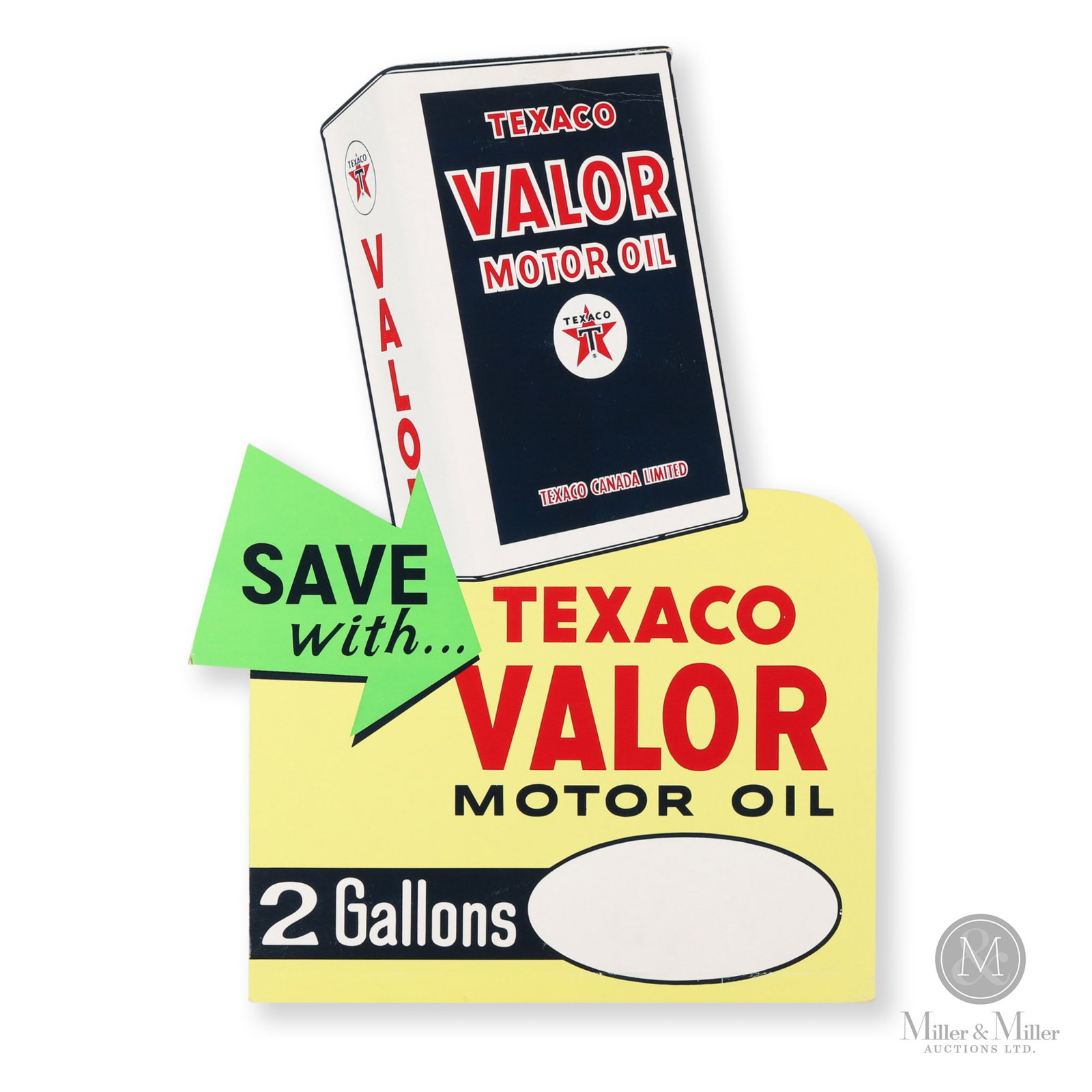 Texaco Valor Motor Oil Dealer Counter Display: Canadian. 1950s. Die cut single-sided cardboard (SSCB) with easel back. 27.5" x 20". All items are guaranteed authentic by Miller & Miller Auctions. All purchases are eligible for free delivery to the