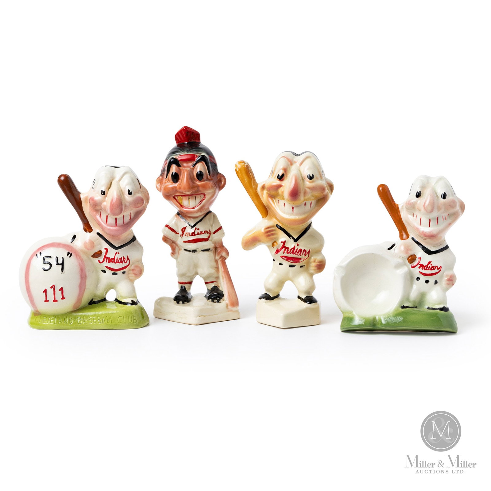 Cleveland Indians Chief Wahoo Figurines & Ashtray: Produced by the Gibbs-Connor company and the Stanford Pottery company, this group of four depictions of the Cleveland Indians mascot represent a unique offering of four ceramics. The trip produced by 