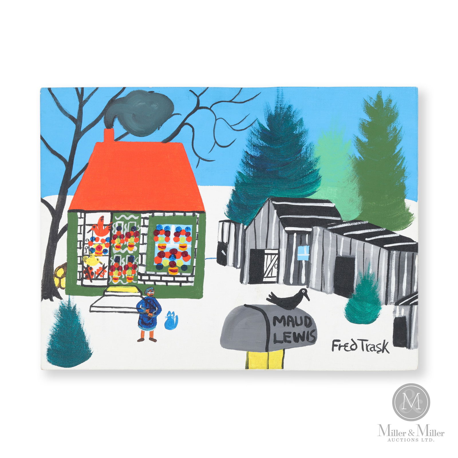 Fred Trask Maud Lewis' House: Digby, Nova Scotia. C.1980. Oil on canvasboard. A serial image. Variations exist, but unlike some others, Trask features a bird perched on the mailbox. Signed lower right "Fred Trask". Signed, titled,