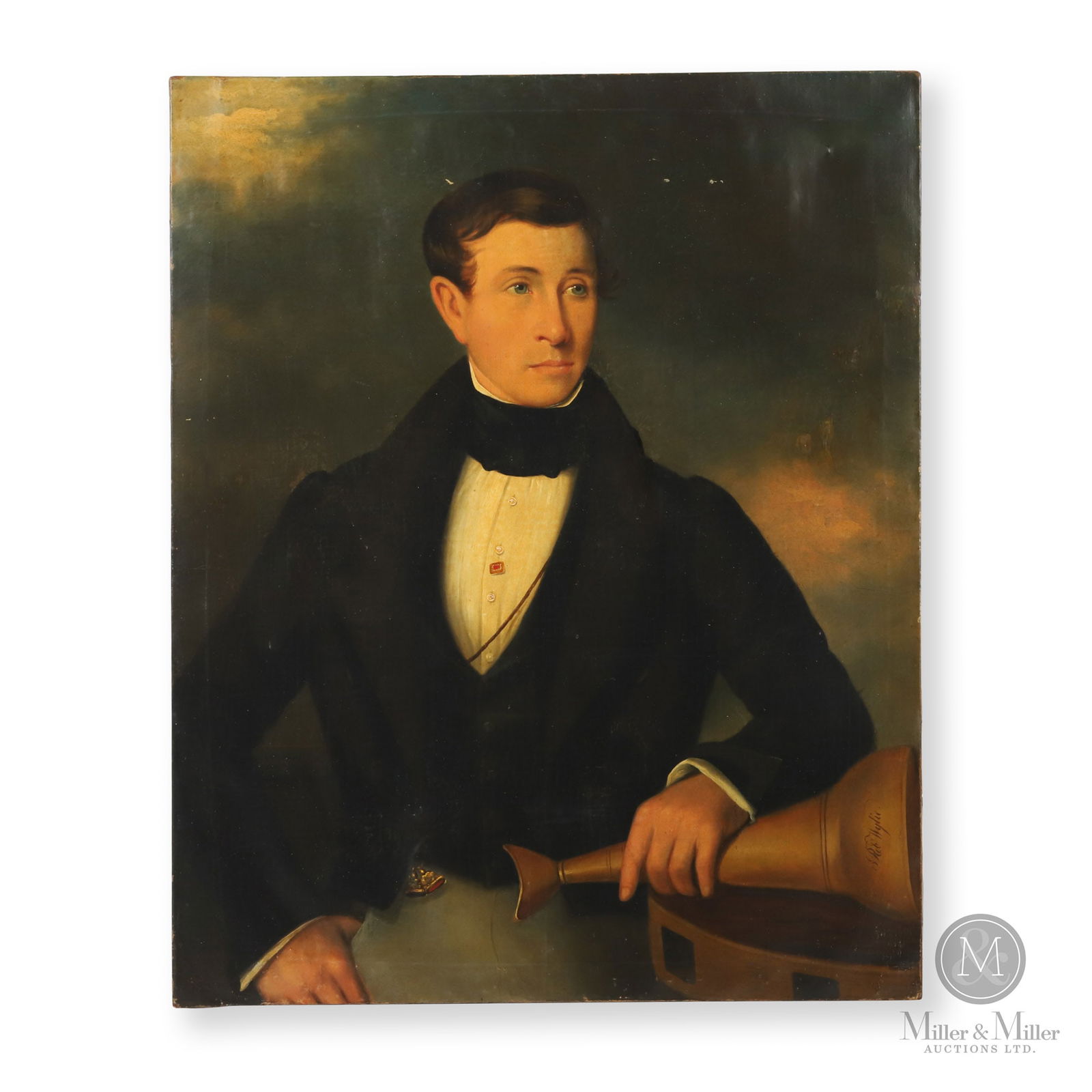 Early Portrait of Robert Wylie: An early oil on canvas portrait by Isaac Heard (1804-1869) of a distinguished young man holding a brass megaphone, engraved "Rob Wylie". Robert Wylie, along with James Jackson and J. R. Andrews, laid