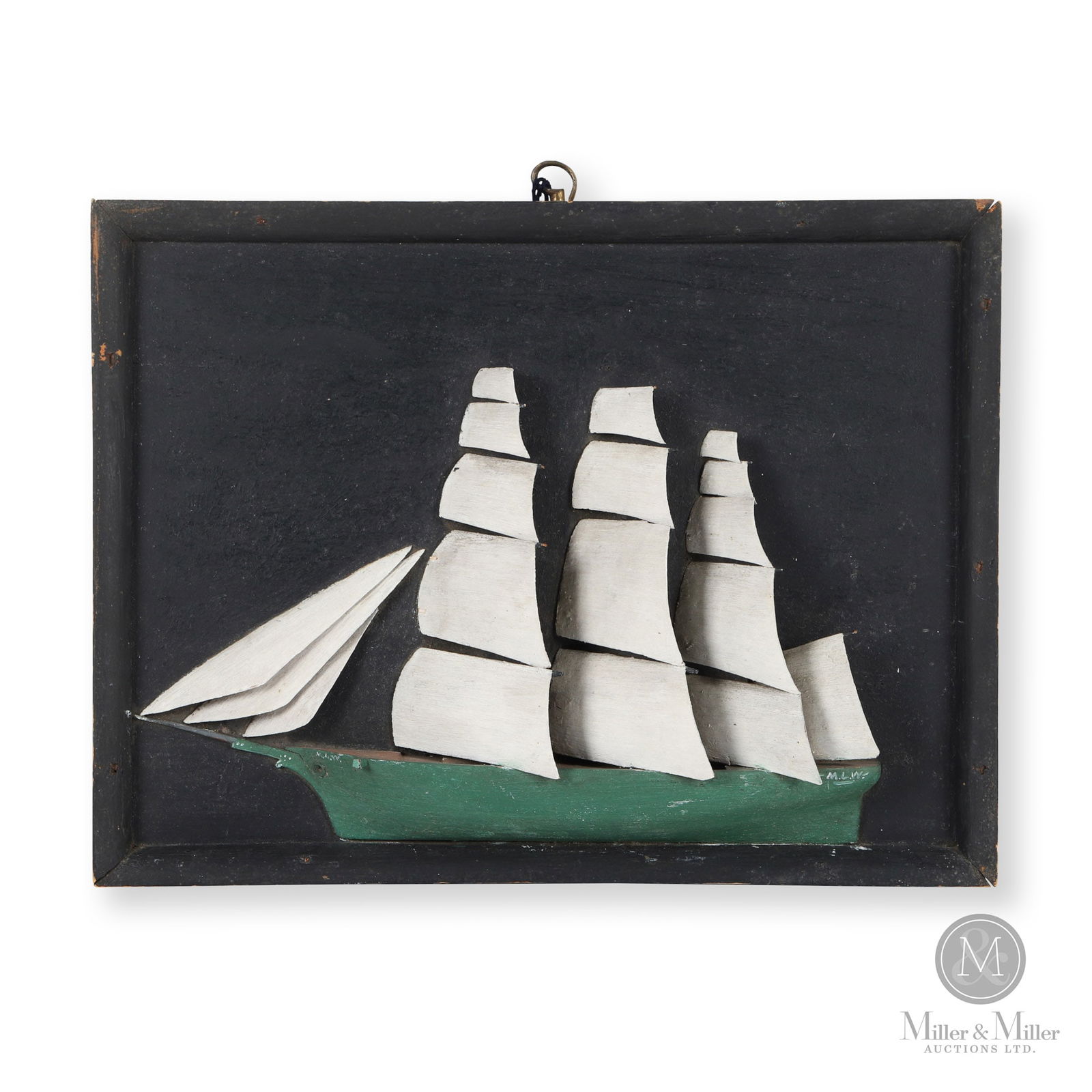 Sailboat in Frame: A shallow diorama of a sailing ship with carved wooden sails and a green painted hull, all on a black background. Very good condition. Initialled, "MLW", on the bow and stern. Square nails, late 19th