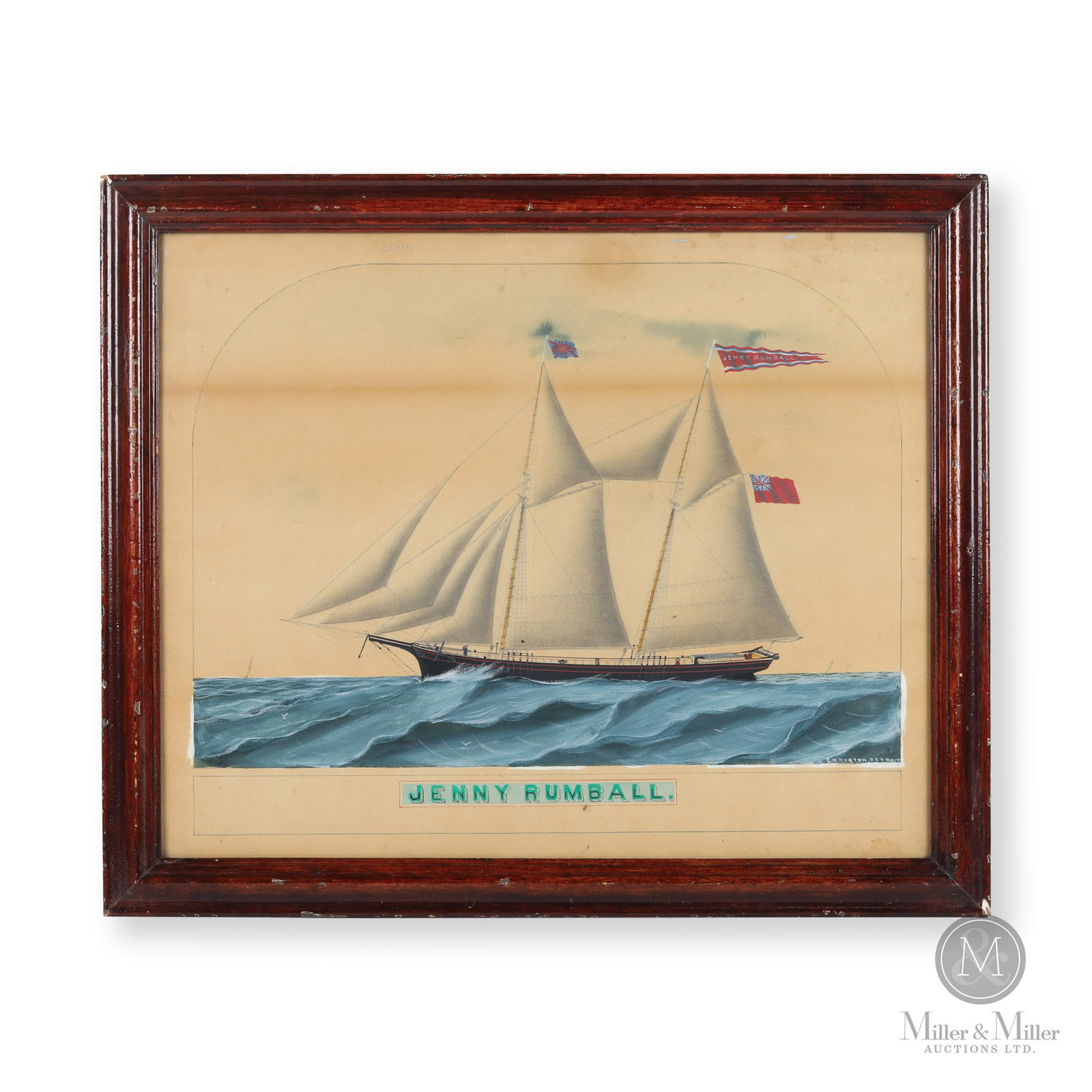 Great Lakes Schooner "Jenny Rumball" - C.W. Norton: The Canadian Great Lakes schooner "Jenny Rumball" by Charles Wardlow Norton (1848-1901), Detroit, Michigan. Gouache and graphite on paper. Good condition with strong colour, some foxing and water spot