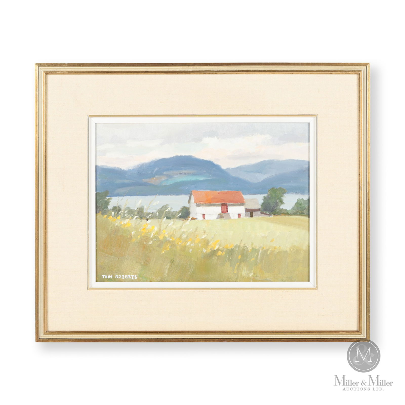 Tom Roberts "White Barn With Red Roof": White Barn With Red Roof, an oil on board by Tom Roberts (1908-1998), RCA, OSA. Roberts' works are found in major public and private collections across the country, and he was represented by several g