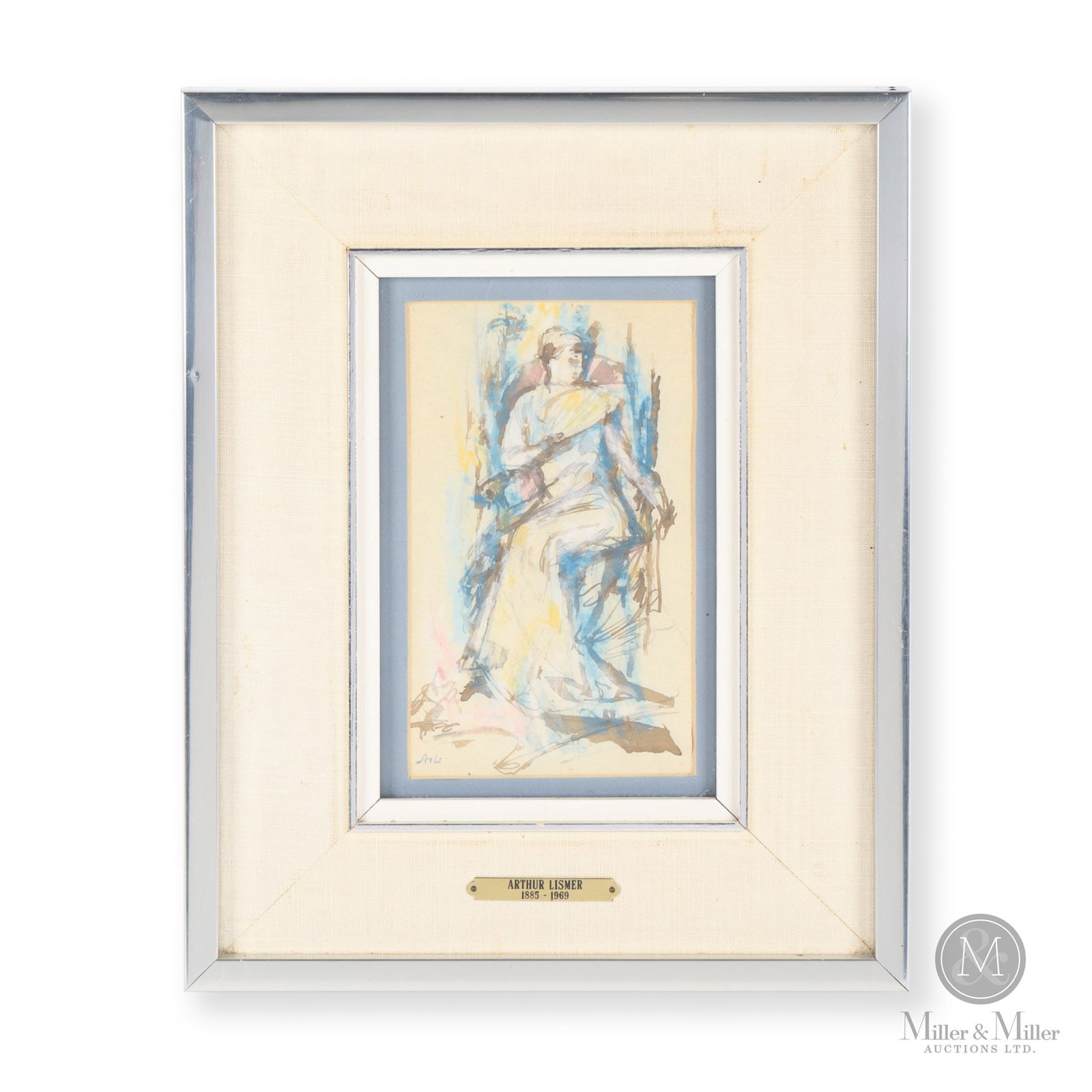 Arthur Lismer Watercolour: An atypical watercolour by Group of Seven artist Arthur Lismer (1885-1969) of a seated woman in a long dress holding a fan. Signed, with initials, lower left. Contemporary frame with a brass plaque. P