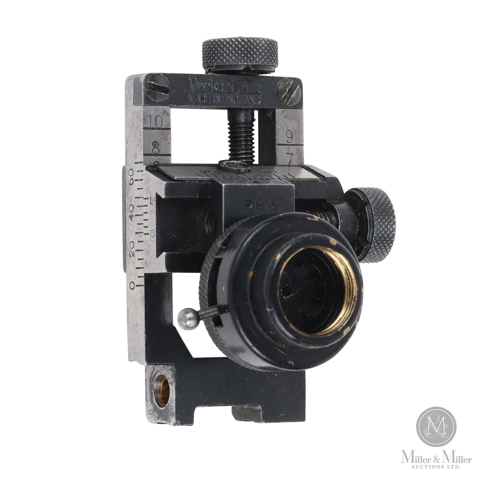Parker Hale Model 4 Target Sight for No. 4 Lee-Enfield Rifles: British. C. 1942-1945. Non-Restricted. Parker Hale Model 4 Target Sight for No. 4 Lee-Enfield Rifles. Steel and bronze. Blued finish, with enamel coating. Parker Hale model number â€œP