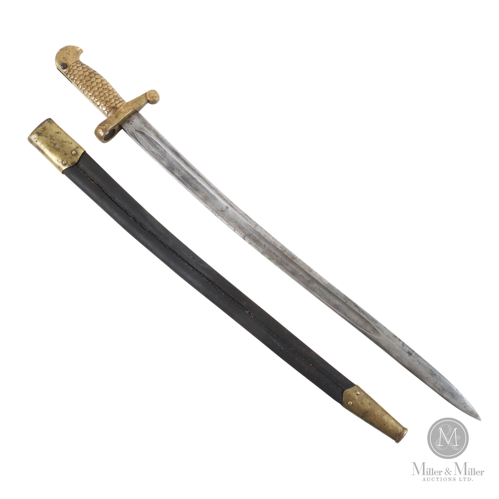 Winchester 1873 & 1876 Musket Bayonet with Scabbard: American. C. 1882. Non-Restricted. Winchester 1873 & 1876 Musket Bayonet with Scabbard. 20â€ blade. Manufactured circa 1882. Brass mounted with scale pattern grip texturing. Various s
