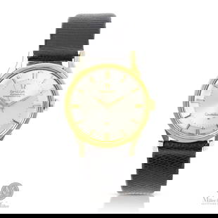 Omega, Ref. 1490061SC Constellation "Pie Pan": Swiss. 14K gold bezel, gold-capped lugs, steel back. An Omega Constellation model with an observatory medallion case back. The case back engraving reads: "MF Smith Co Ltd Geo. Walls 25 Yrs. Faithful