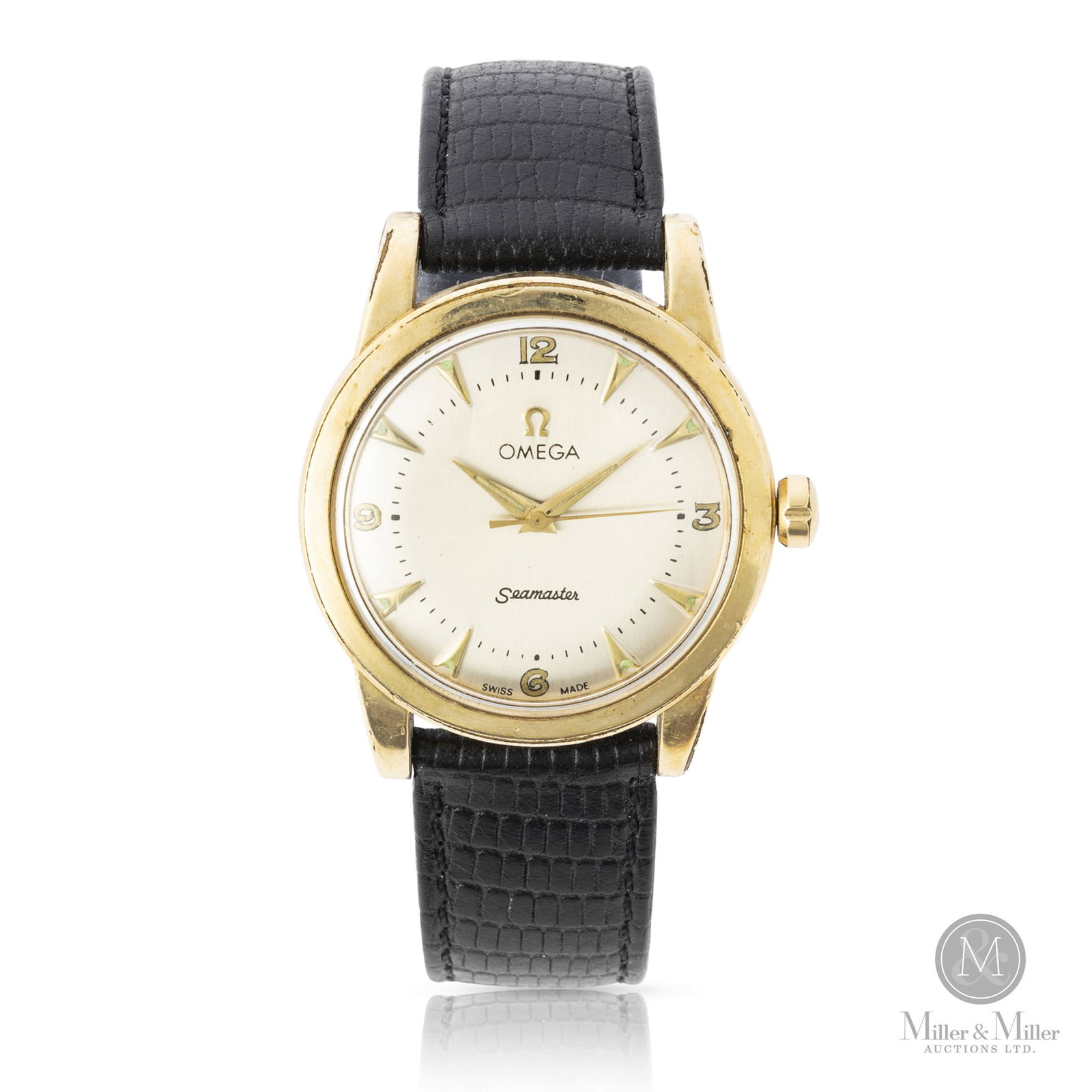 Omega, Ref. 2577-11SC, Seamaster Automatic: Swiss. Gold-capped case, steel back. This 1952 Omega Seamaster is an excellent example of Omega's post-war automatic bumper movements. Case back engraved, "Presented to C.B.Linton in appreciation of 2