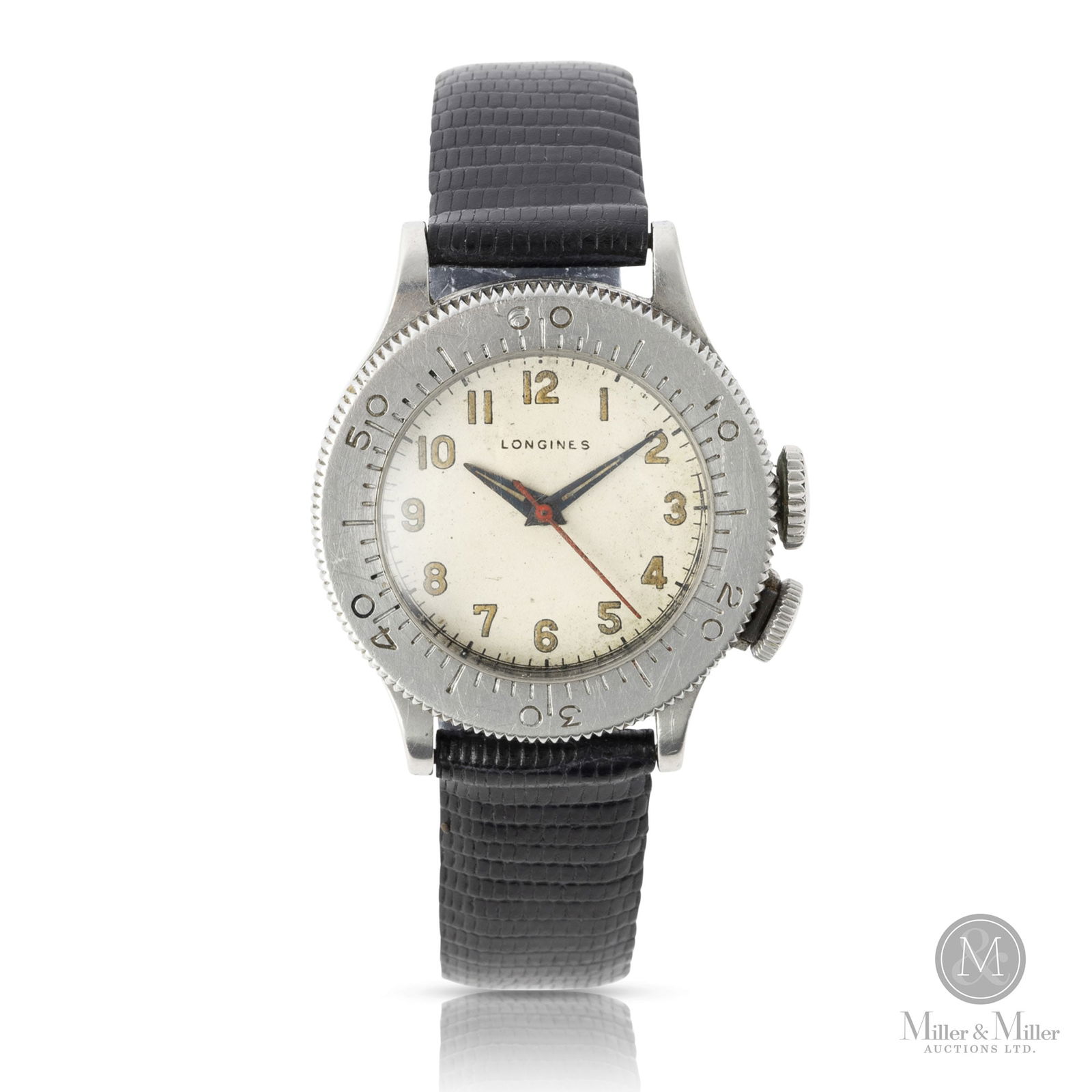 Longines, WWII-Era Weems RCAF Pilot's Watch: Swiss. Stainless steel. A Longines "Weems" military watch with Royal Canadian Air Force (RCAF) markings. Luminous off white/creme coloured dial. Engraved, "105 RCAF", with broad arrow on rear caseback