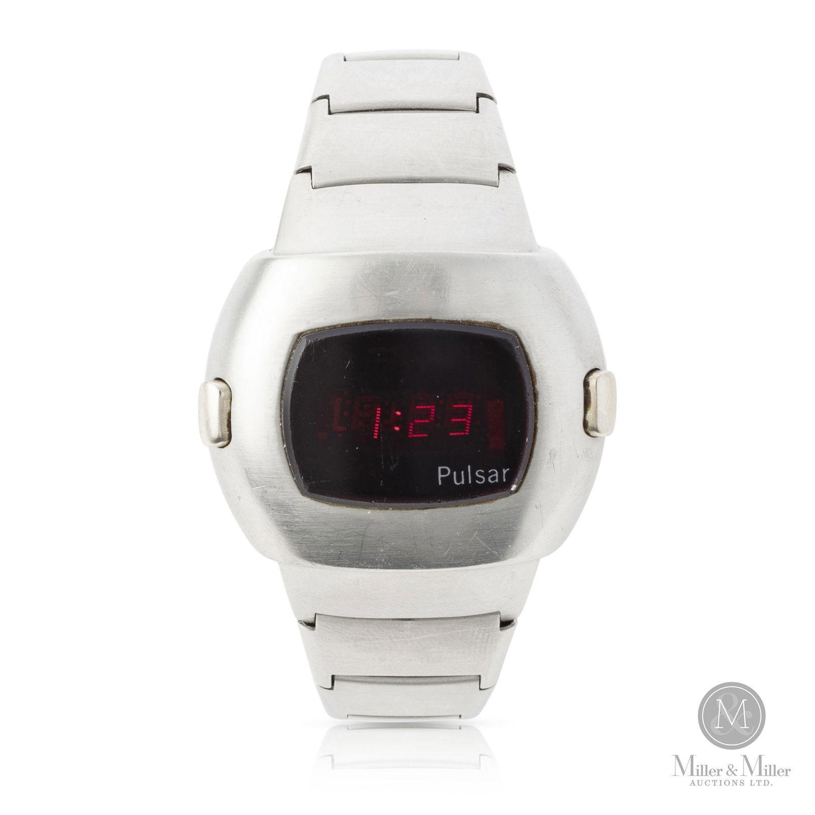 Pulsar, P3 Time Computer: American. Stainless steel. The Pulsar P3, introduced in late 1973, was the third generation LED Pulsar. The P3 features a stainless steel case with a minimalist dial face, its red LED numerals illumin