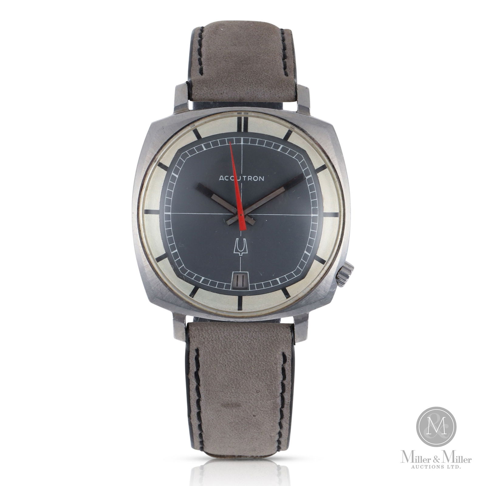 Accutron, 218 Television Dial: American. Stainless steel. Bulova's Accutron series, powered by a groundbreaking 2181 tuning fork movement. This version is a distinctive "TV dial" with date at 6 o'clock. The case back number is H316