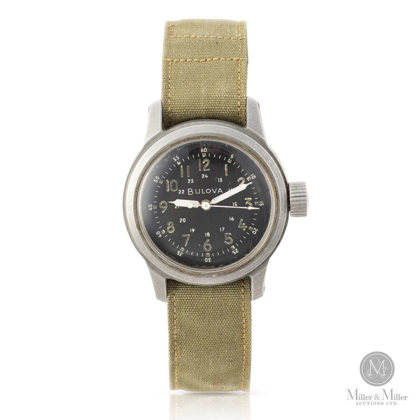Bulova, Grade WG Issued to USAF Captain: American. Stainless steel. The Bulova Grade WG, produced in 1952, was for U.S. military service. It features black matte dial, luminous Arabic numerals and hands, and a central seconds hand. Marked, "