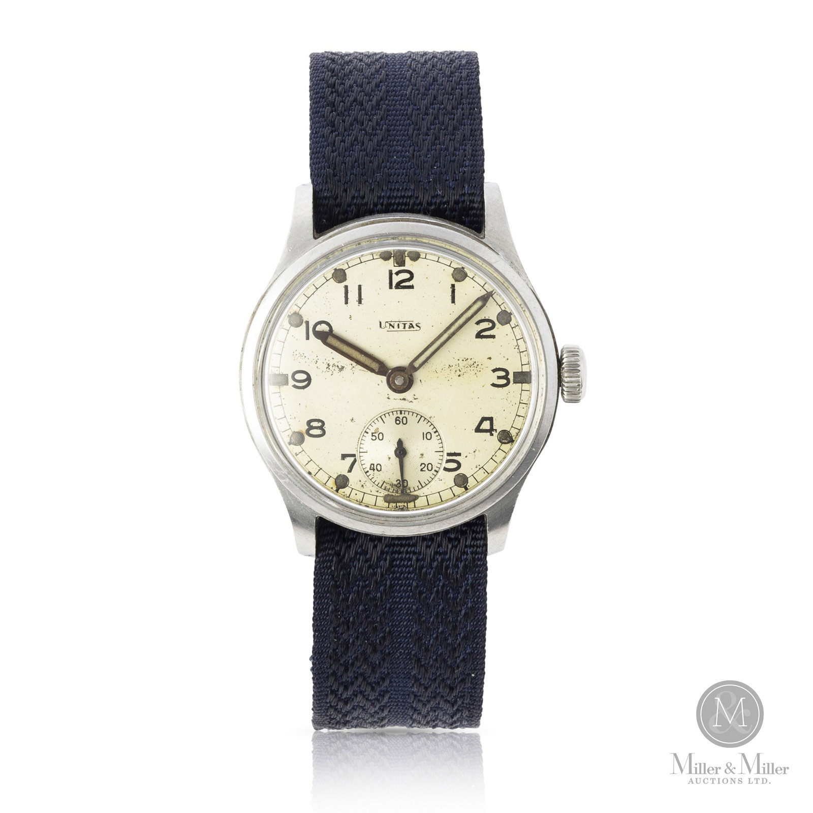 Unitas, WWII-Era ATP British Military Issue: Swiss. Stainless steel. The United British Military watch, a classic example of a mid-century military-issue timepiece. A black dial version built to the strict standards of the British Ministry of De