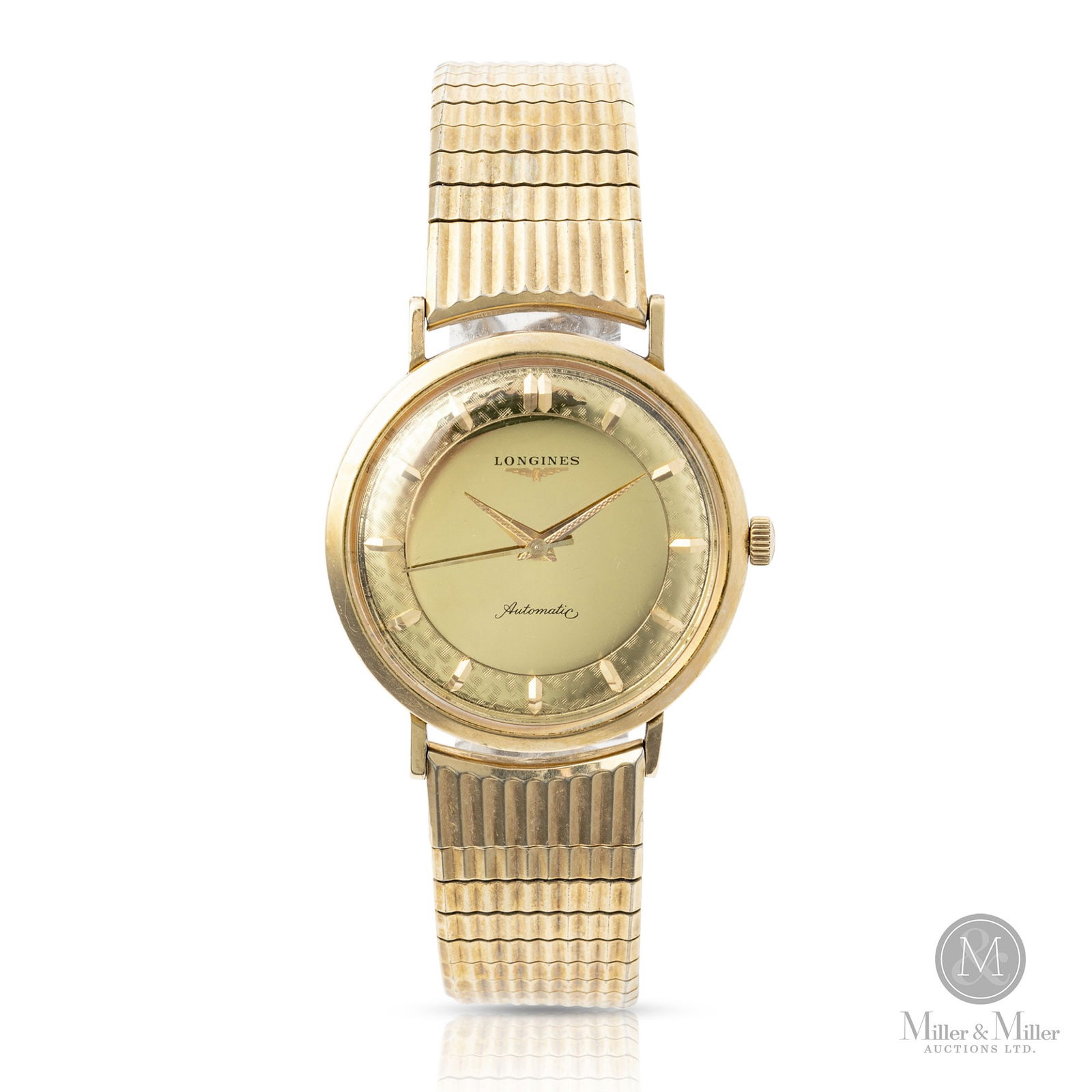 Longines, Ref. 1200 Automatic: Swiss. 10K gold filled. Longines, with its heritage dating back to 1832, has consistently delivered elegance and precision in Swiss watchmaking. Radiant gold-tone dial. On gold coloured bracelet. #120