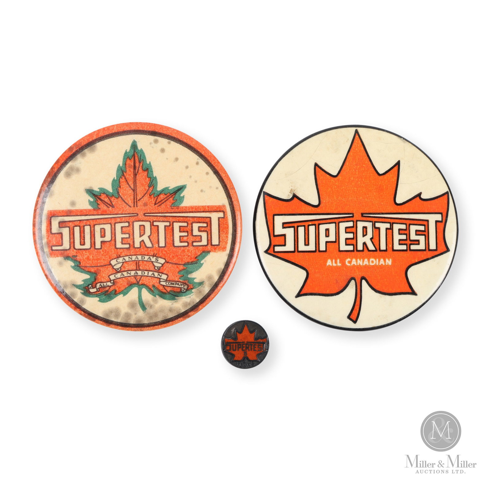 Supertest Pinbacks and Sterling Service Pin: Canadian. 1930s-1940s. Pinbacks are celluloid over tin. Service Pin is sterling silver. Pinbacks marked, "From Ford's Montreal", on outside edge. Service pin embossed, "Birks Sterling", on reverse. Fr