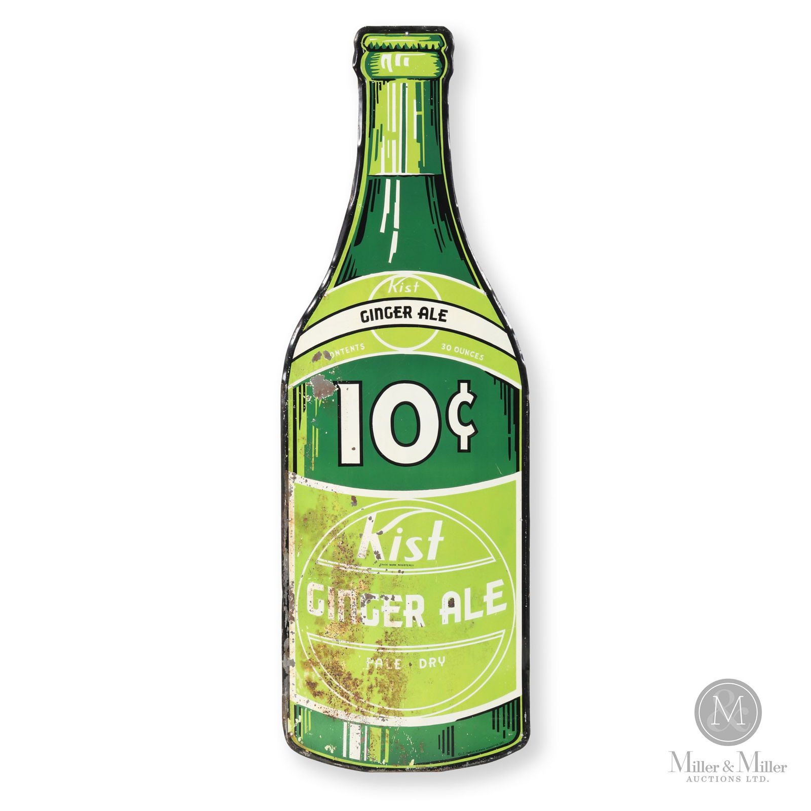 Kist Green Label Ginger Ale Bottle Sign: Canadian. 1950s. Embossed single-sided tin (ESST). Marked, "GL1 Charles Blueman, Woodstock, Ont.", at lower center edge. Authenticated by The Authentication Company (TAC #401559). From the Jason Patze