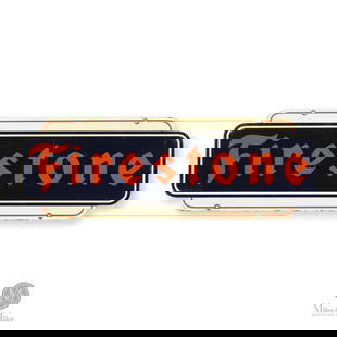 Firestone Tires 1947 Sign: American. 1947 Double-sided painted metal (DSPM). Marked "Made in U.S.A. A-776" at lower left above edge on both sides. Marked "M.C.A. - 12-47" at lower right above edge on both sides. 16" x 48". Auth