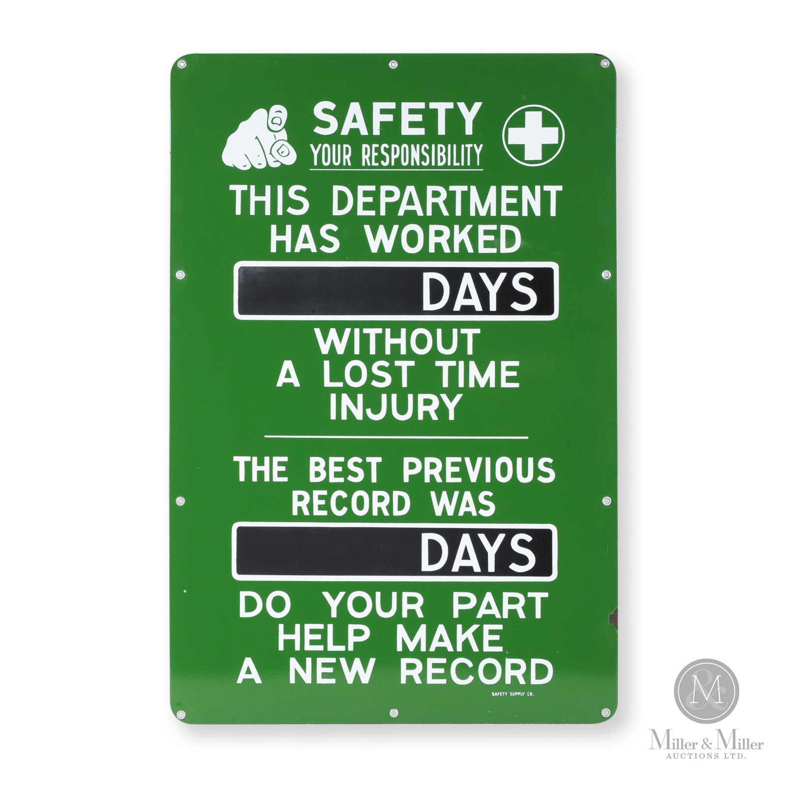 Porcelain Workplace Safety Sign: Canadian. 1950s/1960s. Single-sided porcelain (SSP). Marked, "Safety Supply Co.", at lower right. 30" x 20". Authenticated by The Authentication Company (TAC #401490). From the Jason Patzer Collection