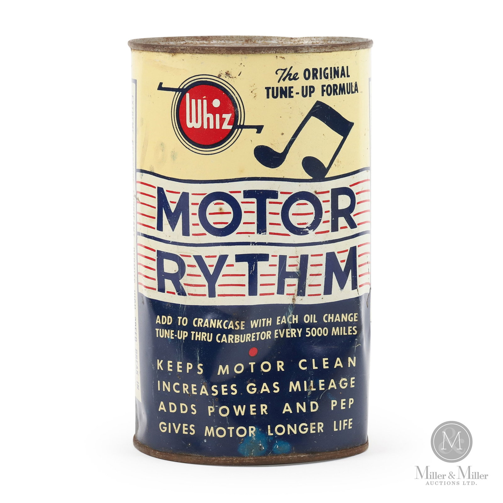 Whiz Motor Rythm Motor Tune 1 Imperial Quart Can: Canadian. 1940s. Lithographed tin. Marked, "Amer Can Co. CANCO Reg Trade Mark", lower edge next to seam. Authenticated by The Authentication Company (TAC #501259). All items are guaranteed authentic b