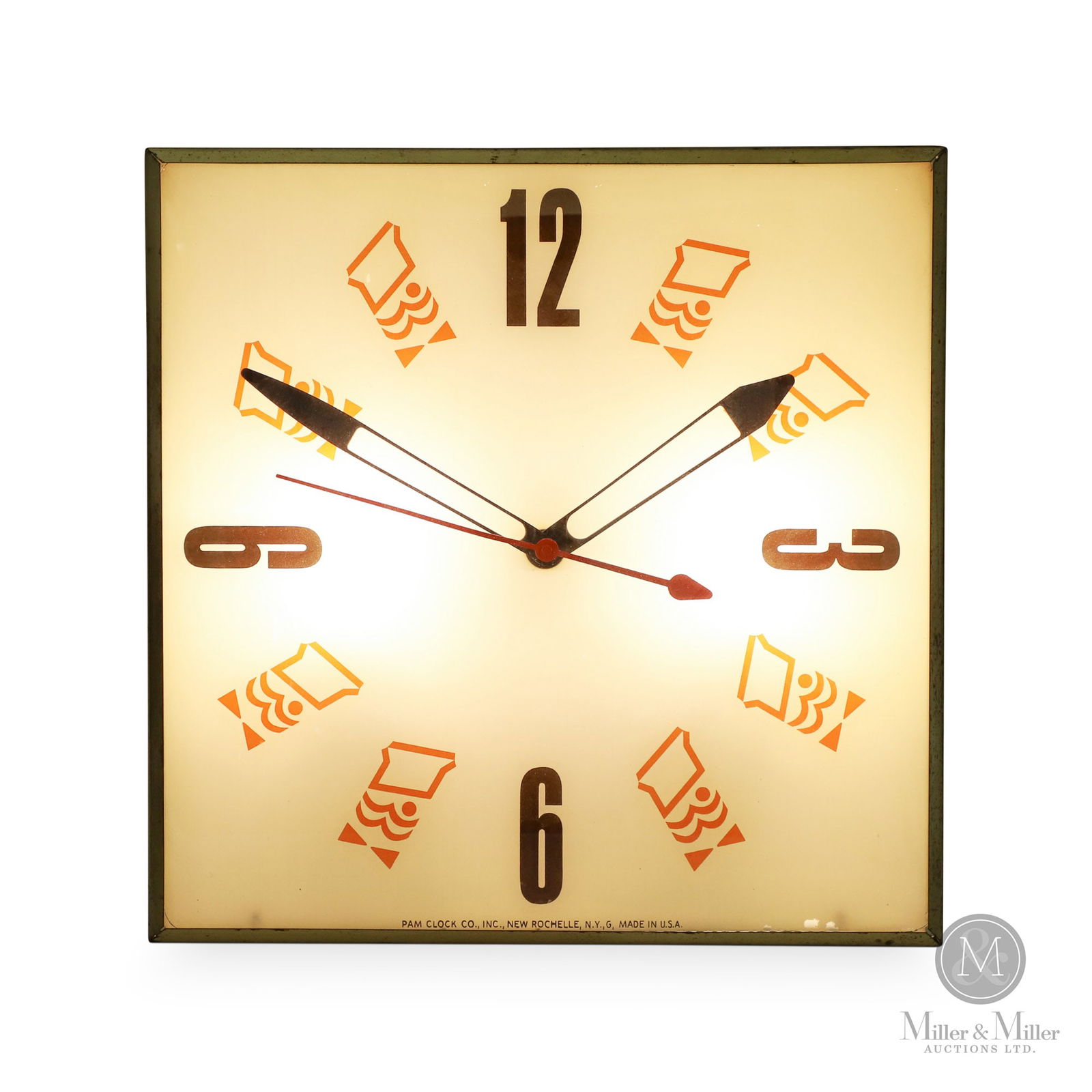 Mister Donut PAM Lighted Clock: American. 1957 Marked, "Pam Clock Co., Inc., New Rochelle, N.Y. G, Made in U.S.A.", at lower center of clock dial. Labelled, on reverse. All items are guaranteed authentic by Miller & Miller Auctions.